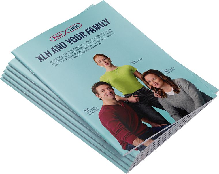 Cover of the XLH Family Inheritance Guide brochure, showing a family of three together